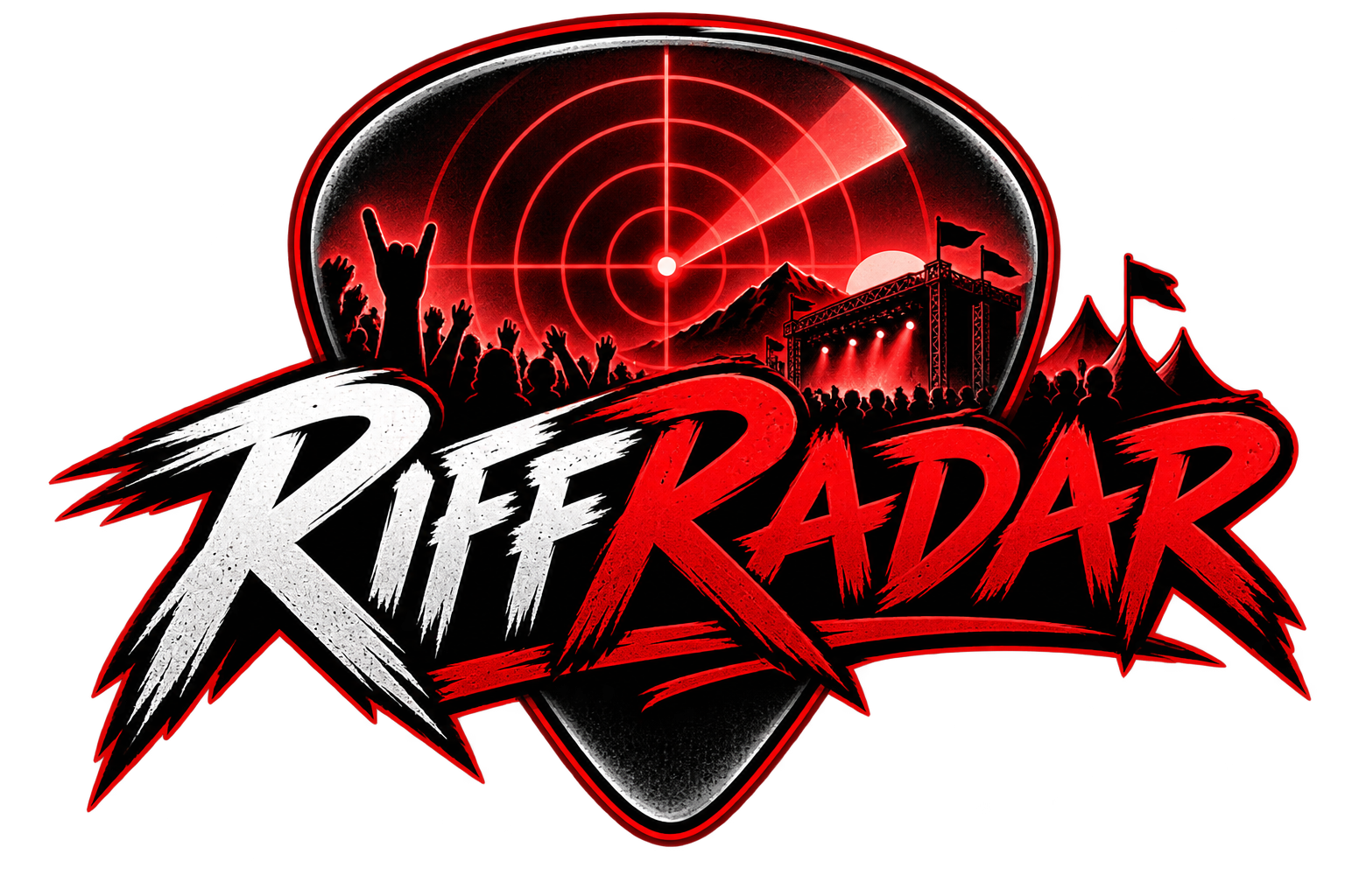 RiffRadar – rotes Radar im Plektrum mit Rockfestival-Publikum
